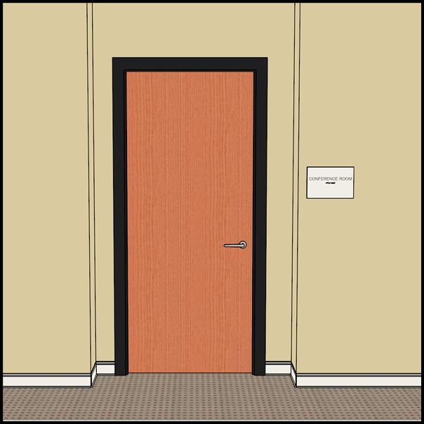 Recessed single door without enough latch side clearance for sign. Sign is located on adjacent parallel wall.